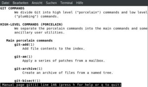 Abbildung 4: Das Handbuch <code>man git</code> gibt Ihnen einen schnellen Überblick über den Einsatz des VCS. Weitere Handbücher geben einen Einblick in den Ablauf eines Projekts mit Git.